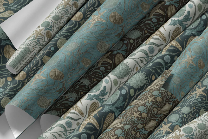 Käsin piirretty merilevä- ja simpukkakokoelma