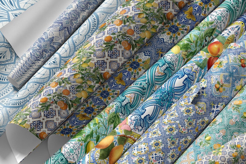 Blue mediterranean tiles, citrus fruit and lemons