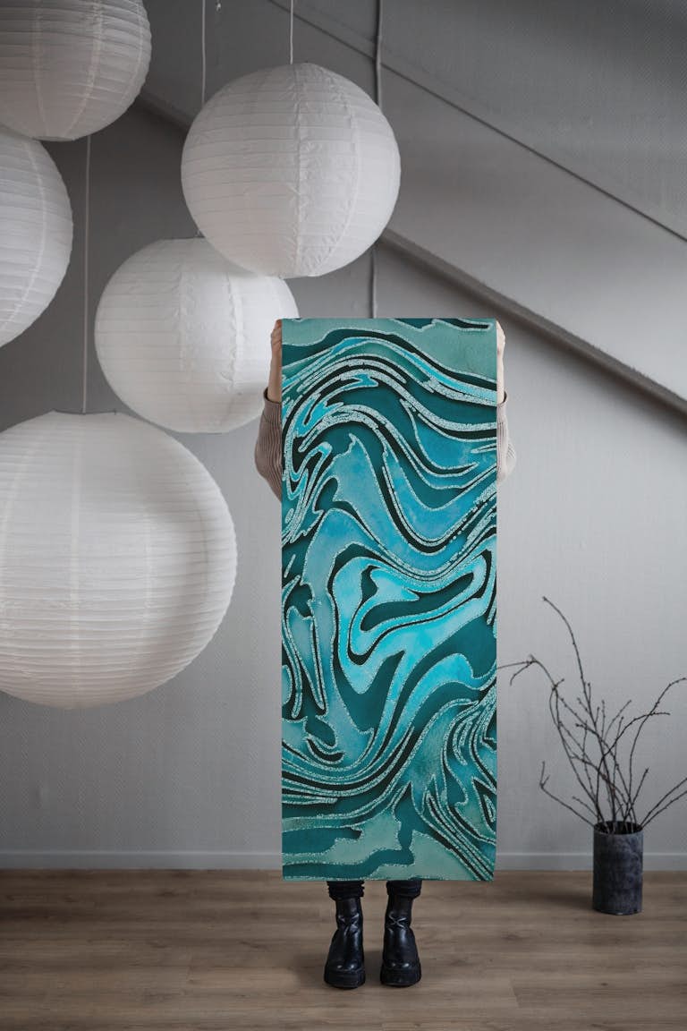 Liquid Teal Abstract  Marble behang roll