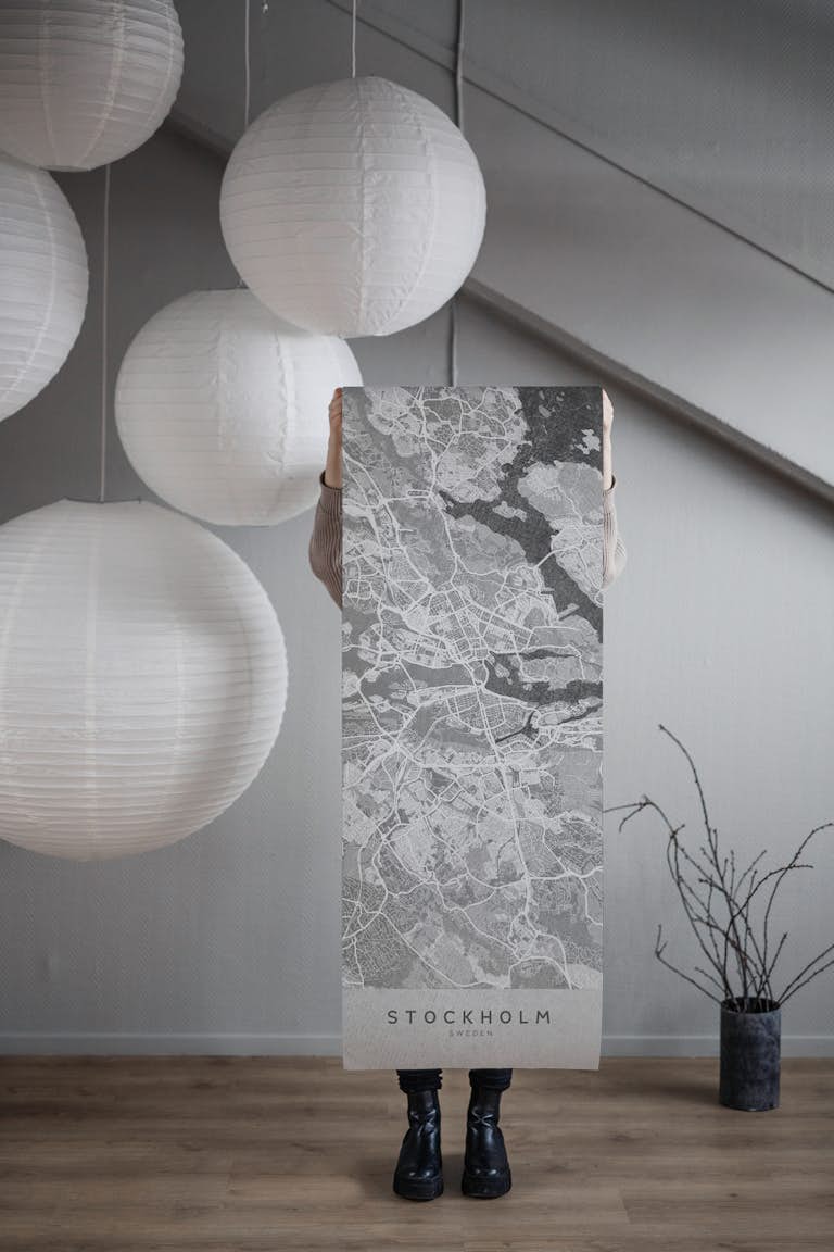 Stockholm gray vintage map papel pintado roll