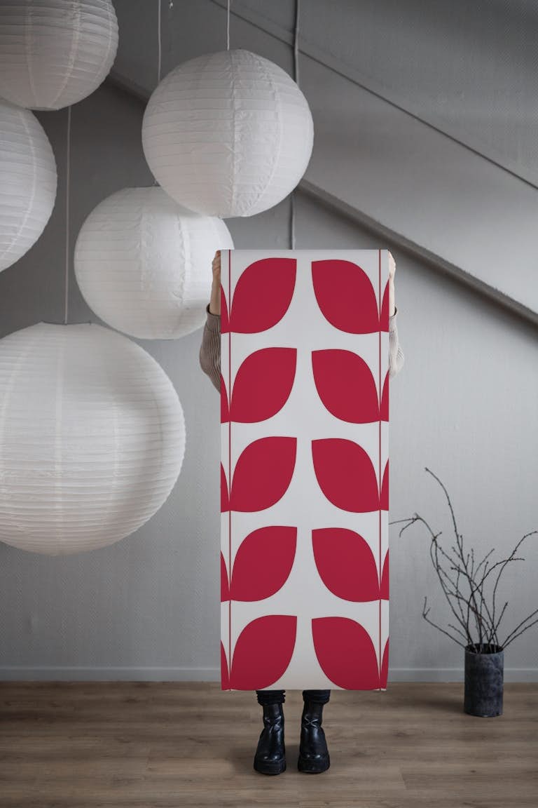 Mid Century Leaves Red papel de parede roll