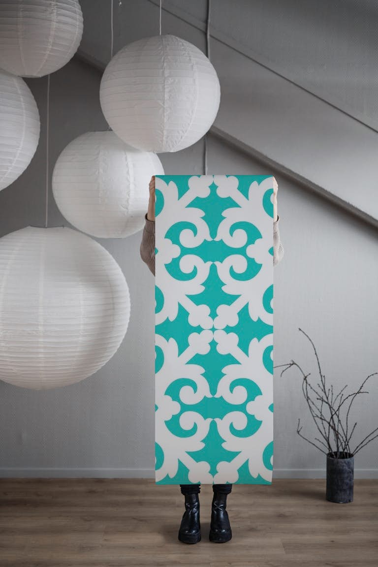 Moroccan Ornament Turquoise papel pintado roll