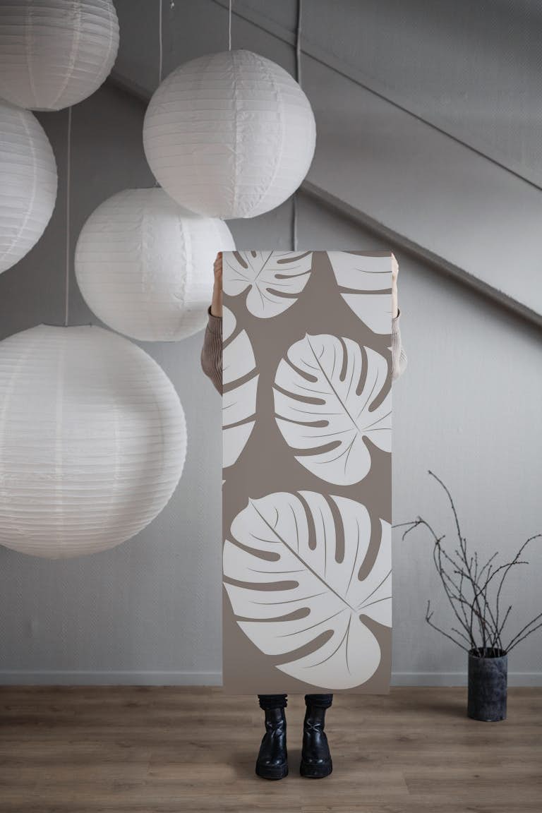 White Palm Leaves Taupe Ash behang roll
