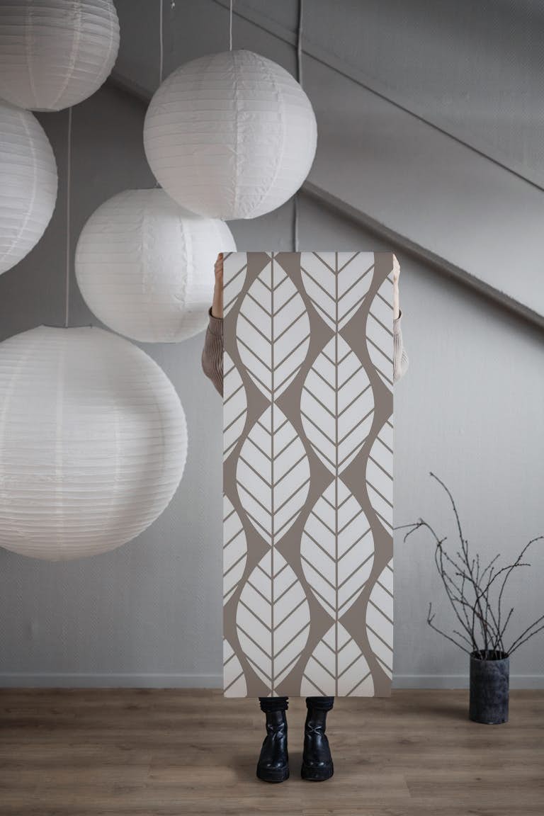 Retro mod Taupe White Leaves behang roll