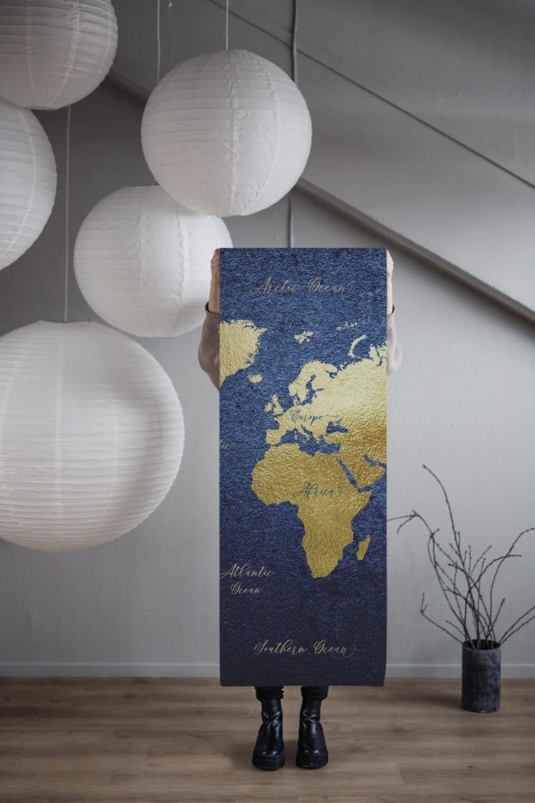 Navy Blue and Gold World Map tapete roll