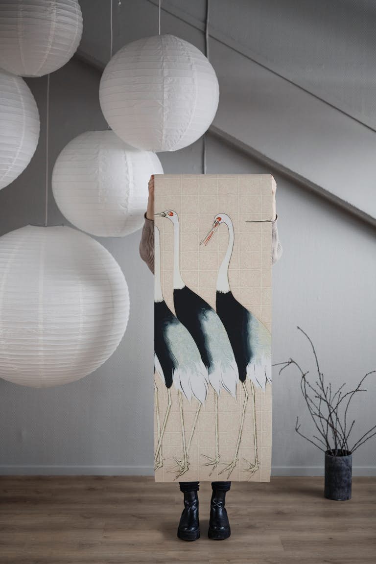 Japan Cranes on Tan Cream wallpaper roll