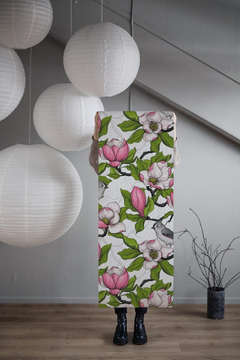 Blooming magnolia and bird tapet roll