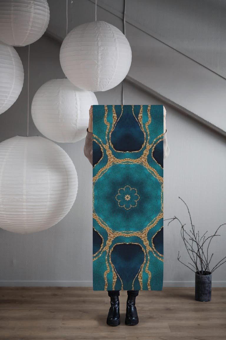 Turquoise Gold Marble Tiles 3 behang roll