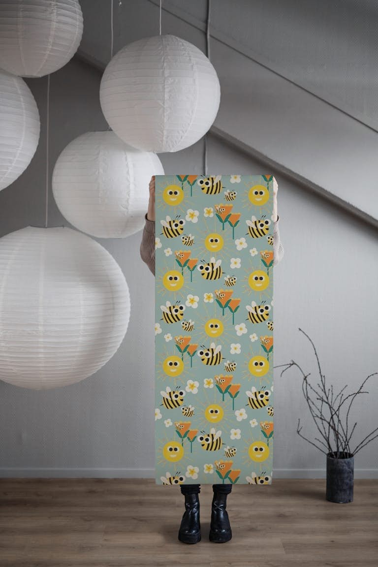 Happy bees and sunshine blue papel pintado roll