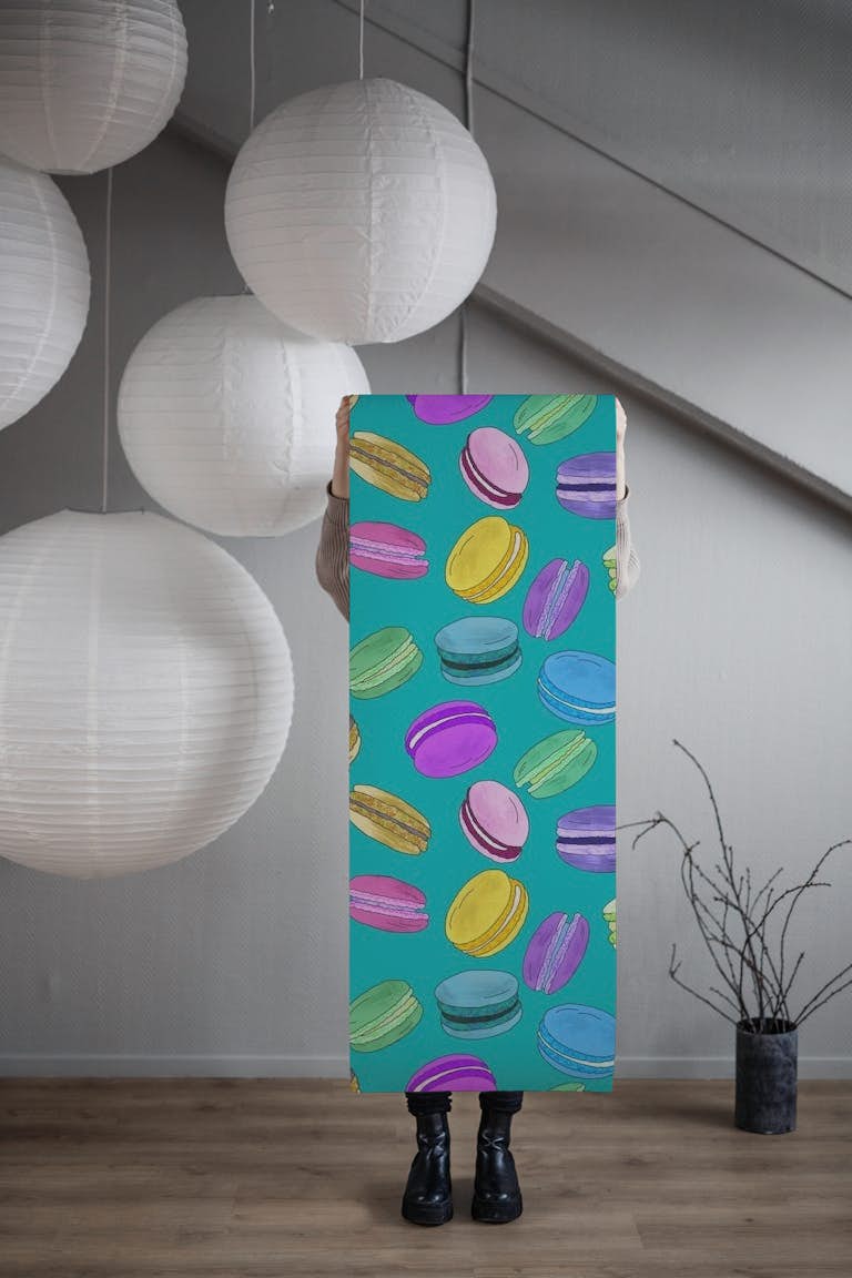 Macarons pattern on blue papel de parede roll