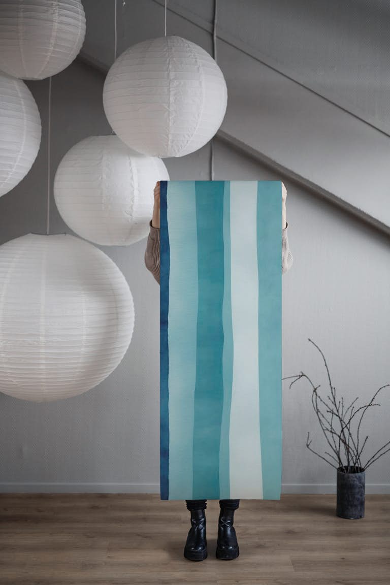 Blue Teal Watercolor Stripes behang roll