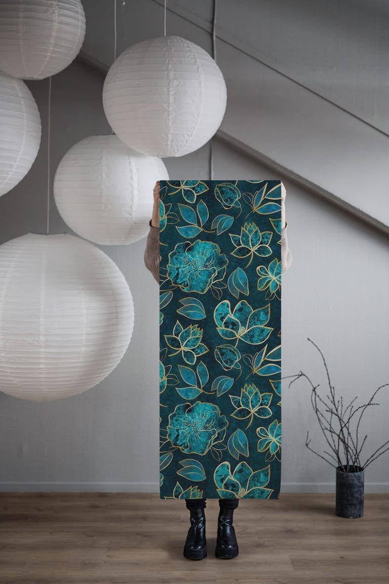 Elegant And Fancy Fantasy Flower Pattern In Turquoise Gold papiers peint roll