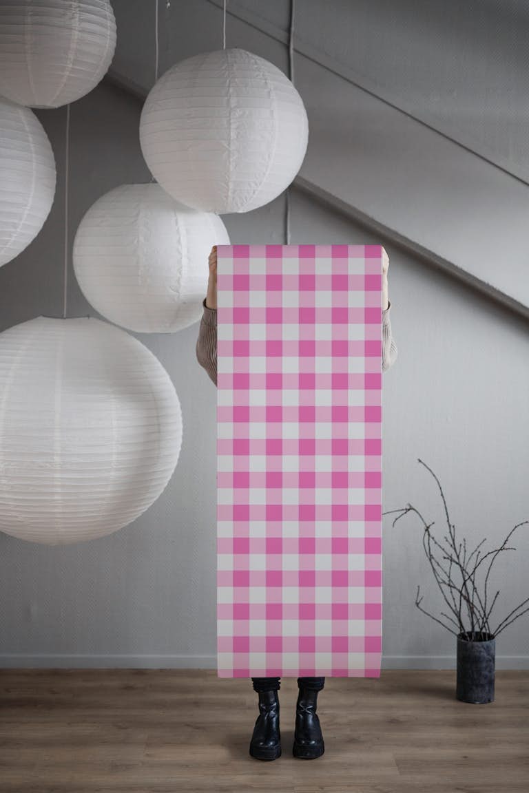 Ultra pink gingham behang roll