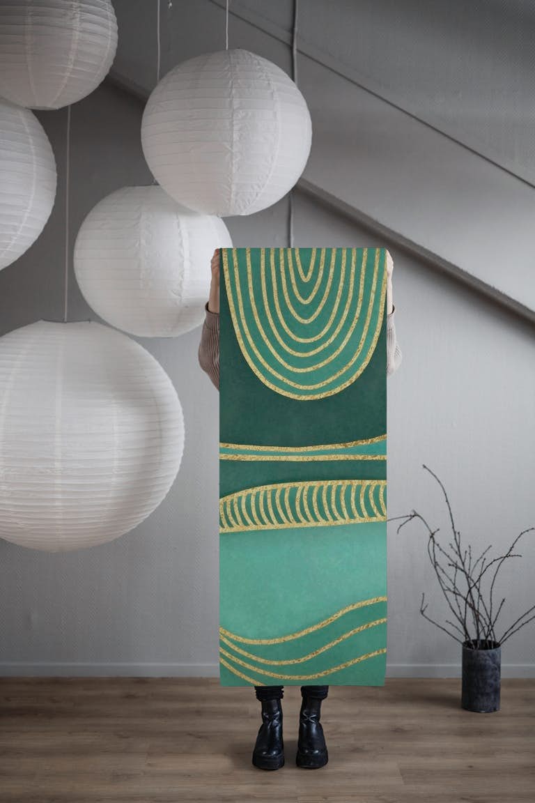 Shapes Mid Century Art Teal Green Gold behang roll