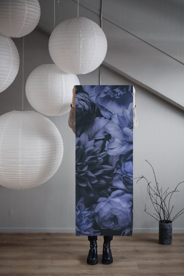 Opulent Baroque Flowers Moody Botanical Art Dark Blue wallpaper roll