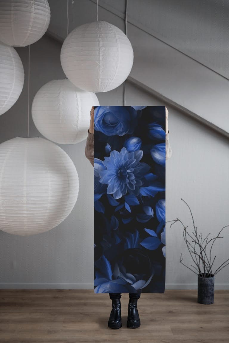 Midnight Blue Opulent Baroque Moody Florals wallpaper roll