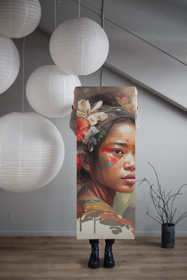 Watercolor Floral Indonesian Native Woman #3 papel de parede roll