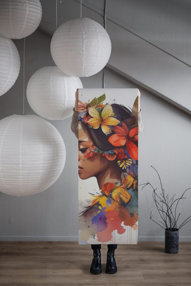 Watercolor Floral Indonesian Native Woman #4 papel de parede roll