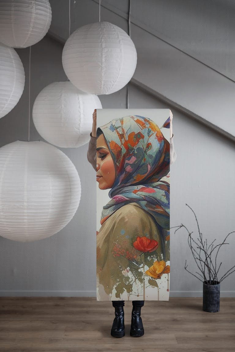Watercolor Floral Muslim Woman #2 behang roll