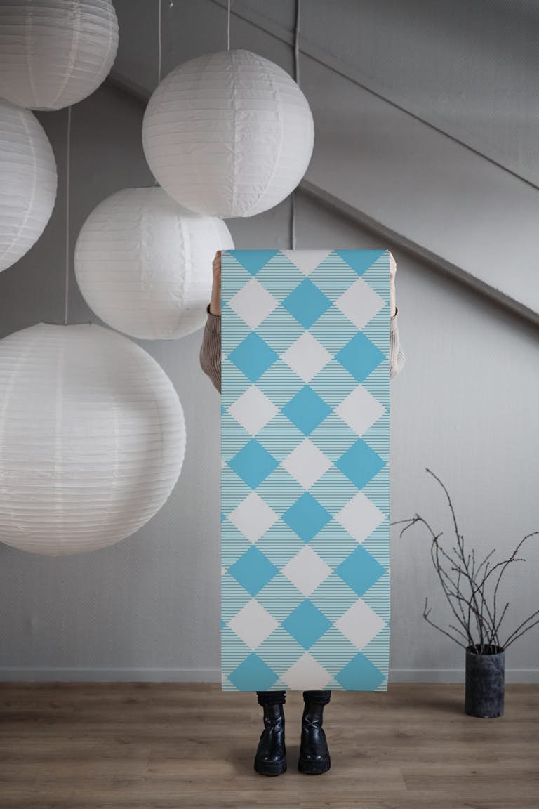 Sky Blue White Gingham Pattern wallpaper roll