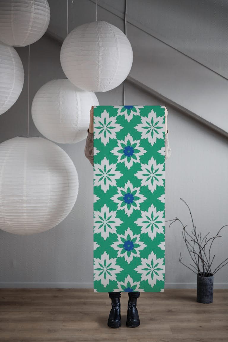 Moroccan ornament pattern in white green blue papel de parede roll