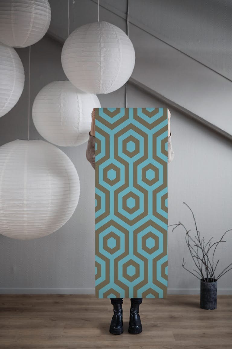 Turquoise Taupe Hexagon Pattern behang roll