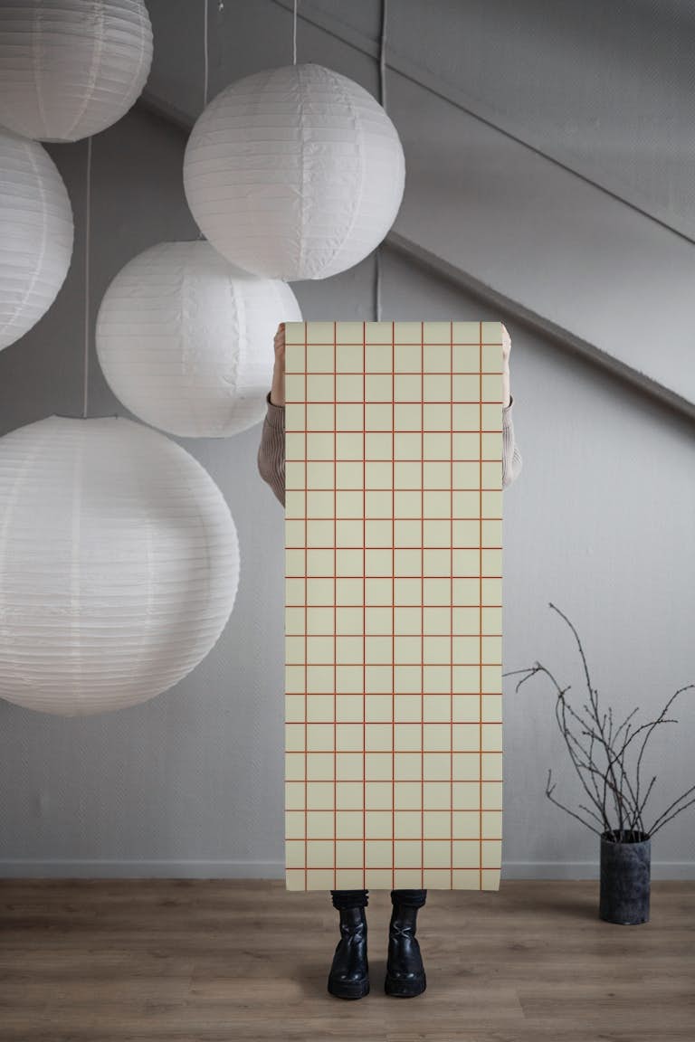 Simple Red Lines Beige Yellow Tiles Grid papel pintado roll