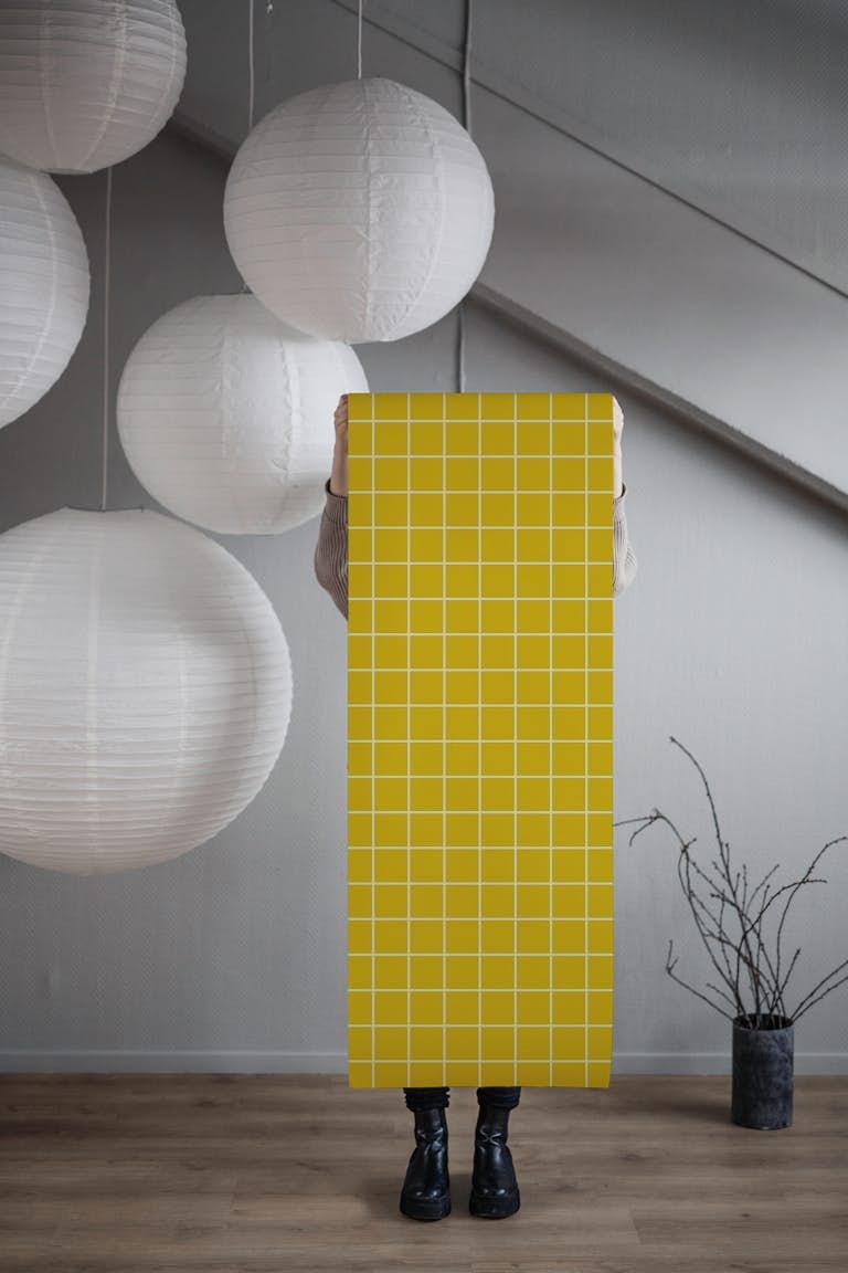 Simple Beige Lines Mustard Yellow Tiles behang roll