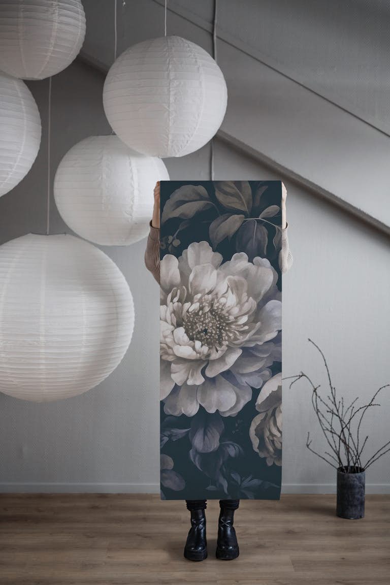 Moody Baroque Opulent Flowers Ivory Blue wallpaper roll