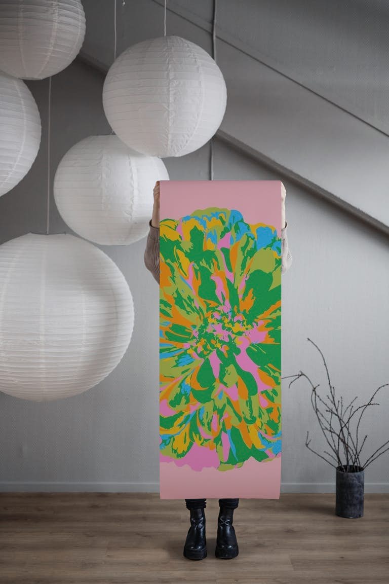 CHRYSANTHEMUMS Floral Single Green Pink papiers peint roll