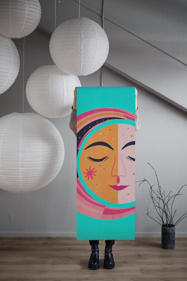 Whimsical Sun And Moon Face Turquoise behang roll