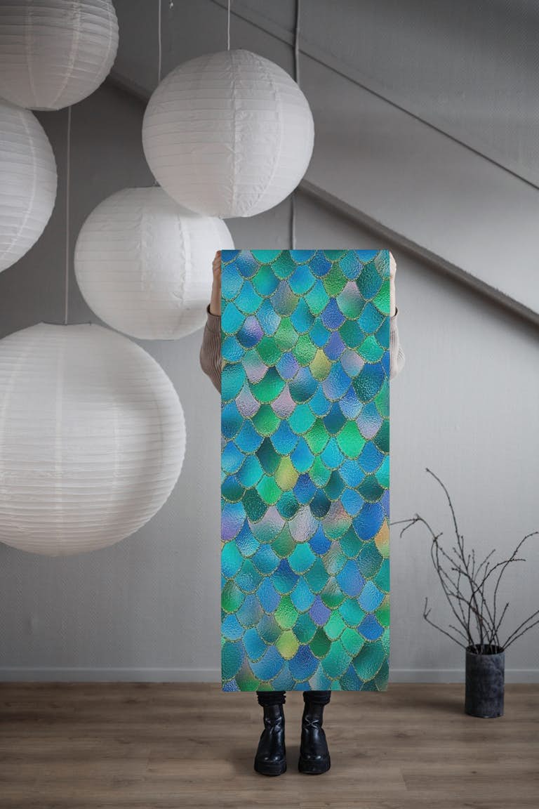 Blue Glitter Mermaid Scales behang roll