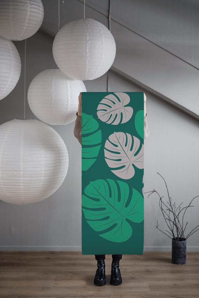 Jumbo Large Palm Leaves in Jade and Taupe tapeta roll