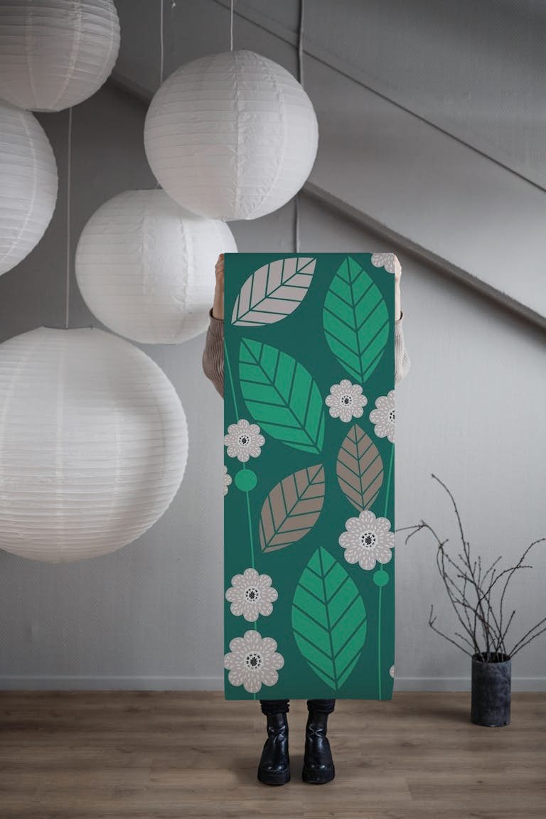 Forestvgreen leaves flowers pattern wallpaper roll