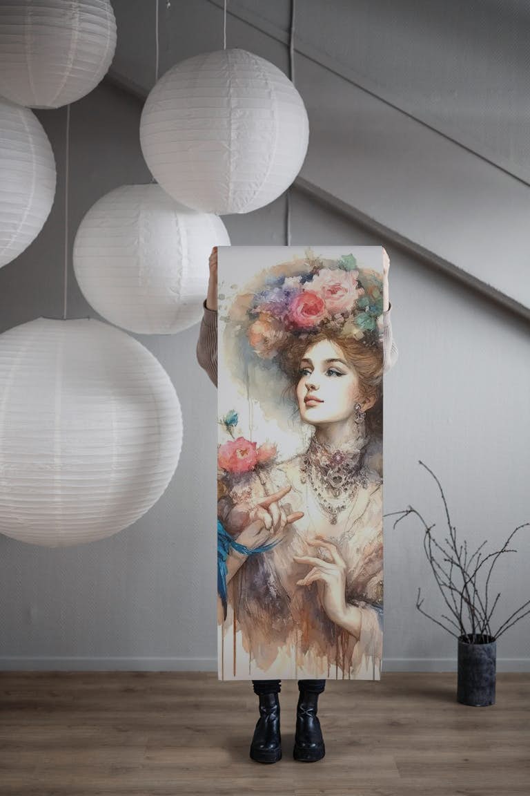 Enchanting Lady Amidst Blooms and Birds behang roll
