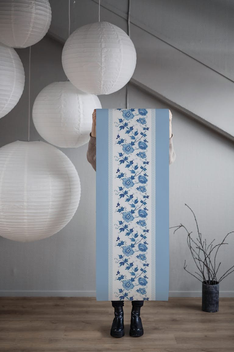 Blue Chinoiserie floral in stripes tapet roll