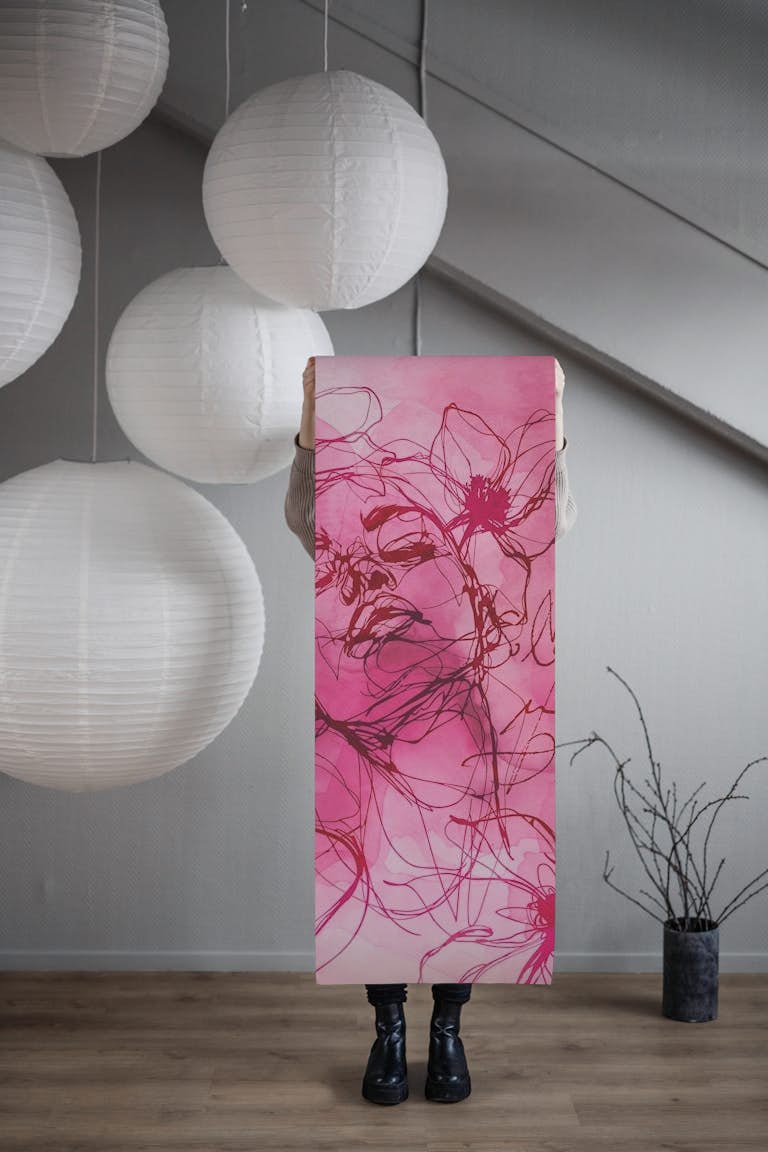 Passionate Dreams Ink Line Art Female Pink papel de parede roll