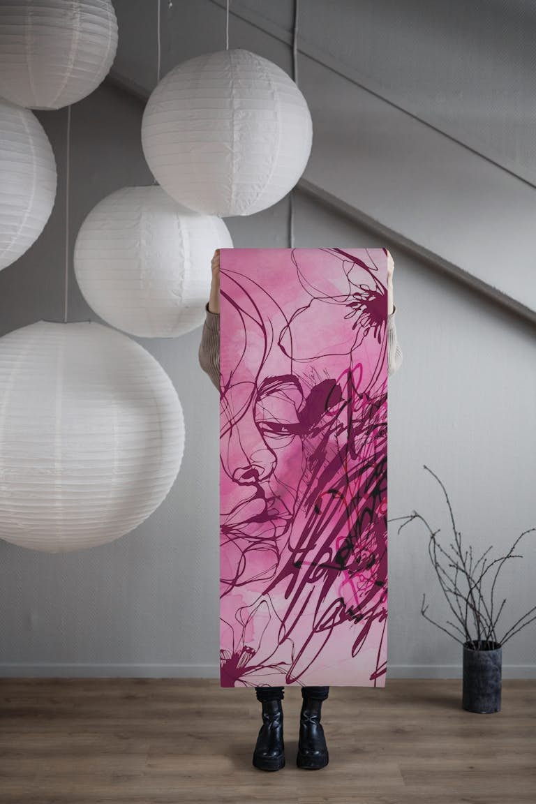 Passionate Pink Dreams Ink Line Art Female papel de parede roll