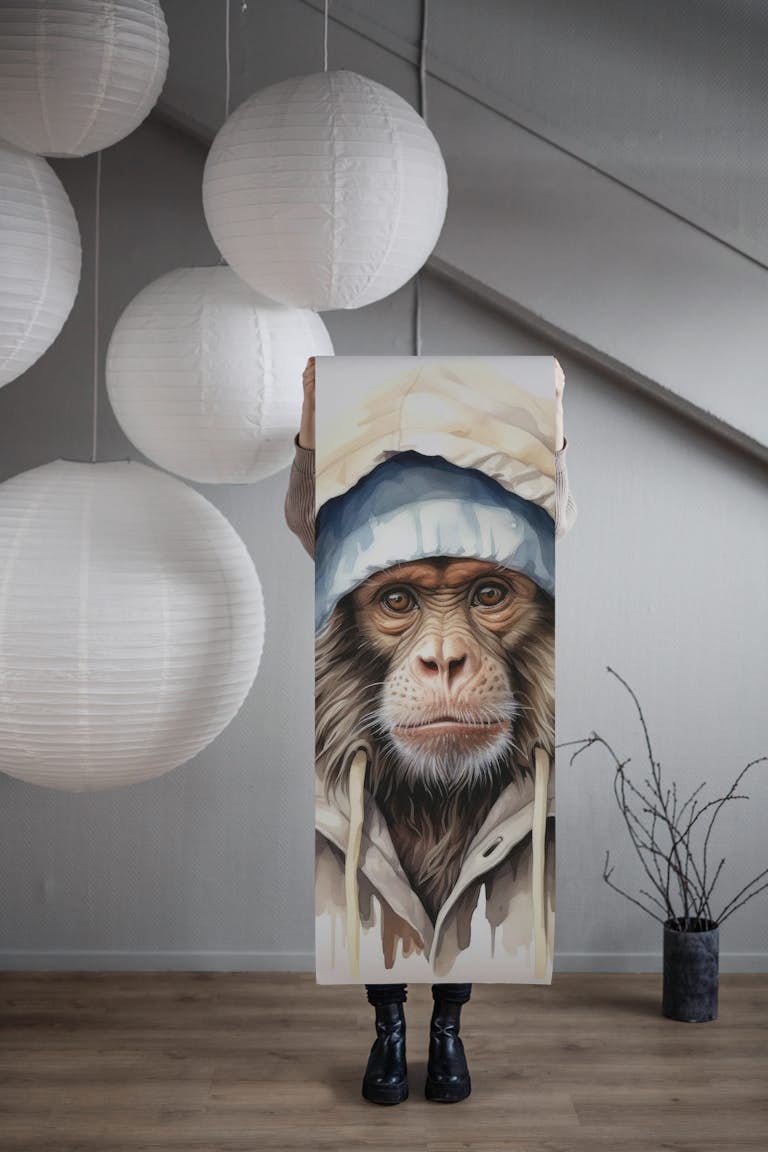Watercolor Capuchin Monkey in a Hoodie papel de parede roll
