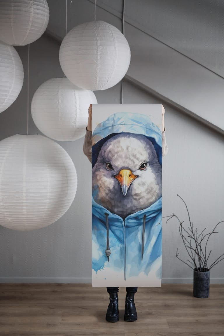 Watercolor Cartoon Dove in a Hoodie wallpaper roll