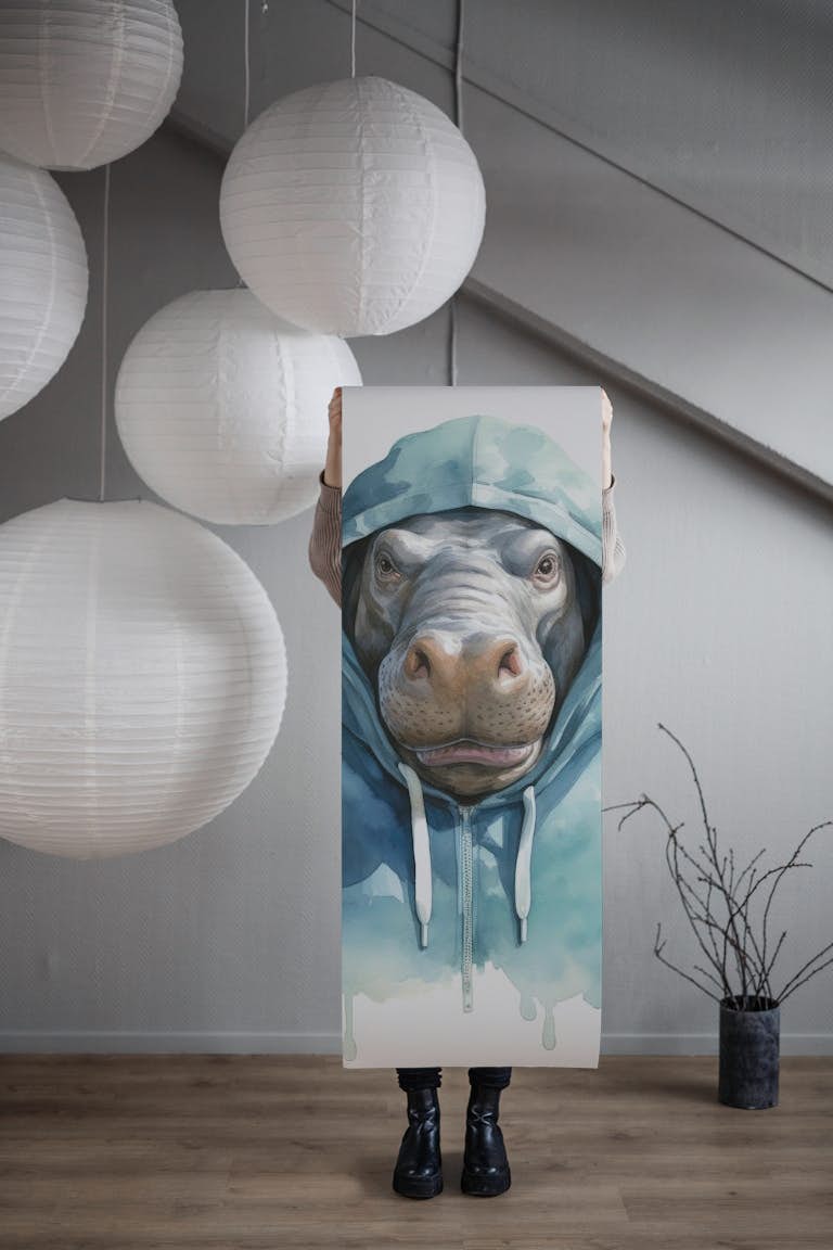 Watercolor Cartoon Hippopotamus in a Hoodie tapetit roll