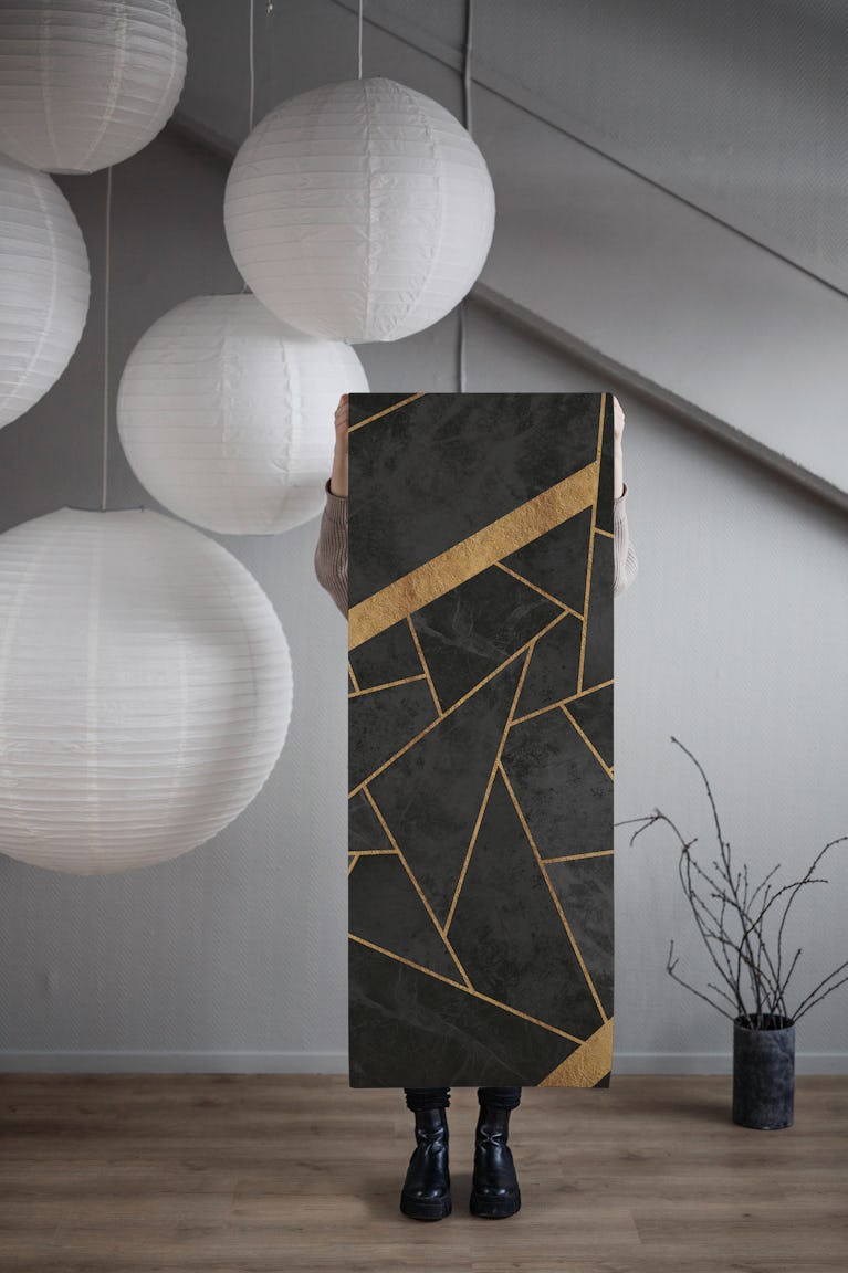 Dark Charcoal and Soft Gold Mosaic wallpaper roll