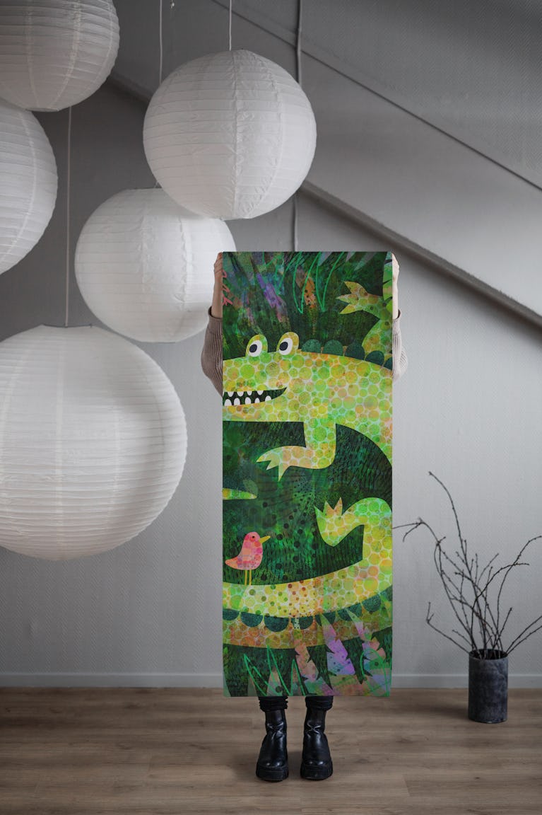Alligator with pink birds - cute jungle mural wallpaper roll