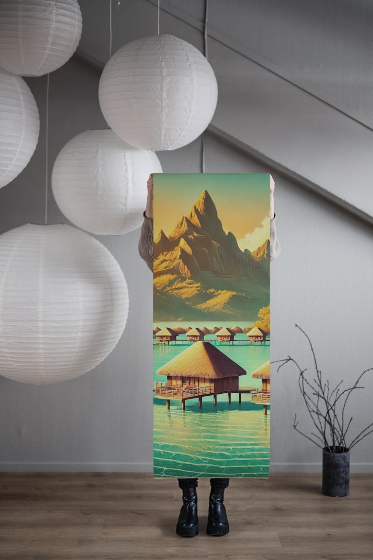 Vintage Bora Bora Poster, French Polynesia wallpaper roll