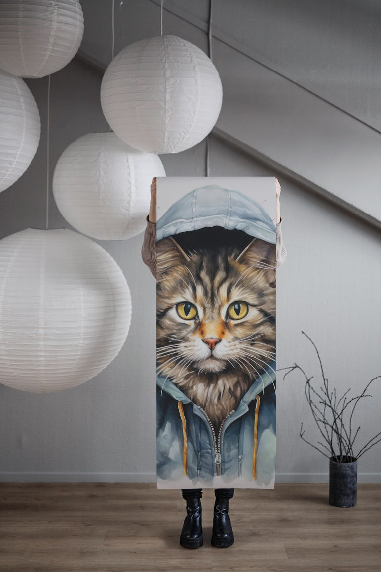 Watercolor Cartoon Cat in a Hoodie wallpaper roll