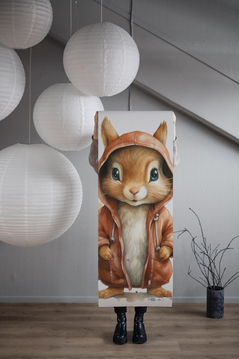 Watercolor Cartoon Squirrel in a Hoodie wallpaper roll