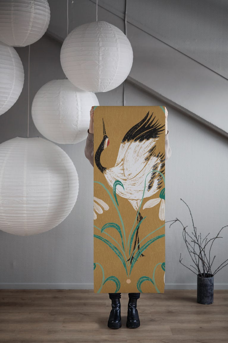 Elegant Cranes on Ochre wallpaper roll