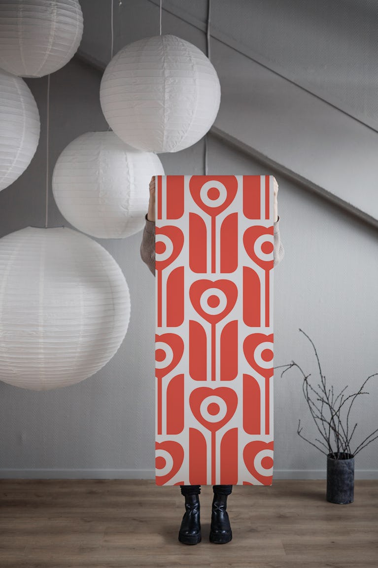 Retro geometric tulips red wallpaper roll