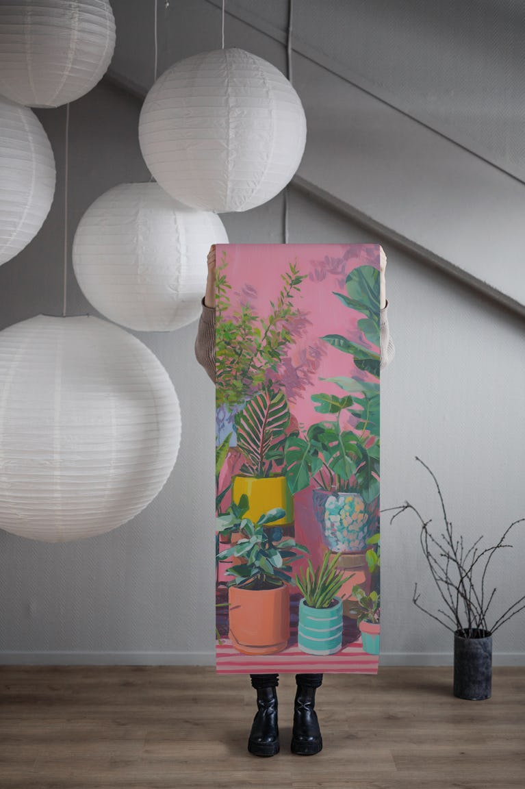 Playful Pink Potted Plants wallpaper roll