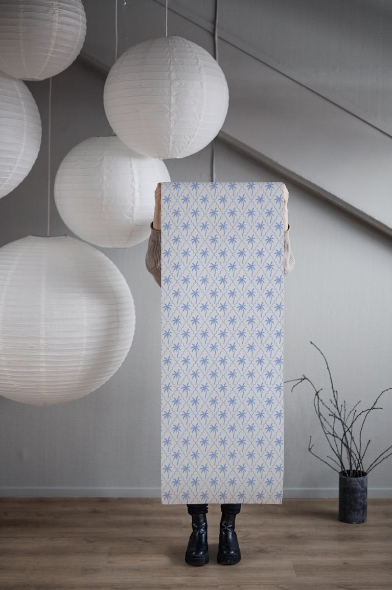 Scalloped diamonds with palms - bright blue wallpaper roll